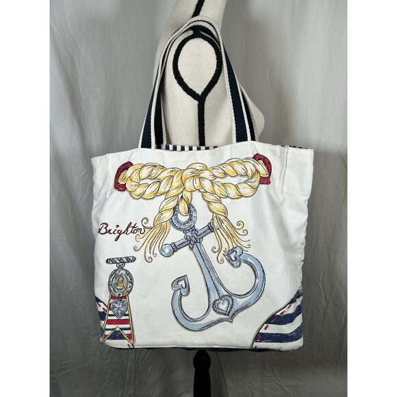 Brighton Handbags - BRIGHTON Nautical Beach Canvas Shopper Tote Bag Red/White/Blue Anchor Sailboat